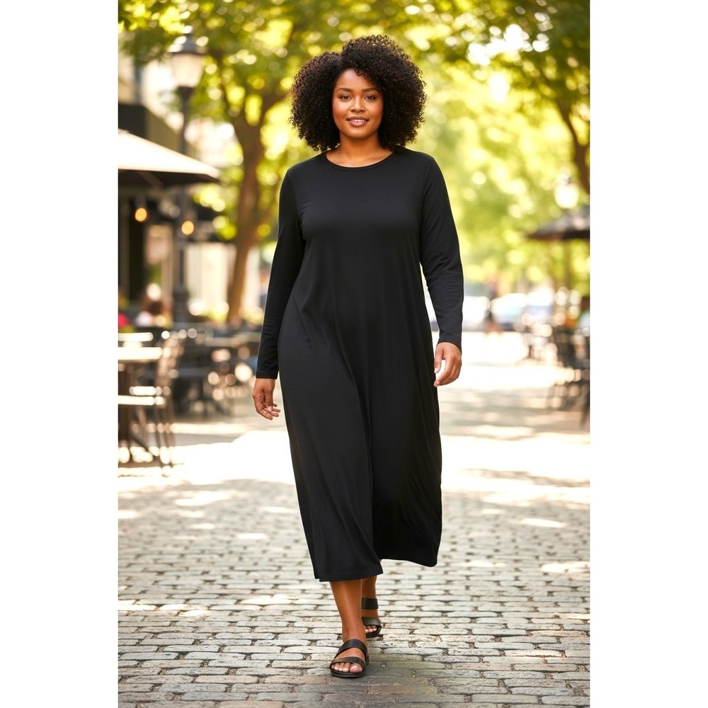 (E-127) Modern Soul Black Maxi Dress Built In Bra Long Sleeve Women M New